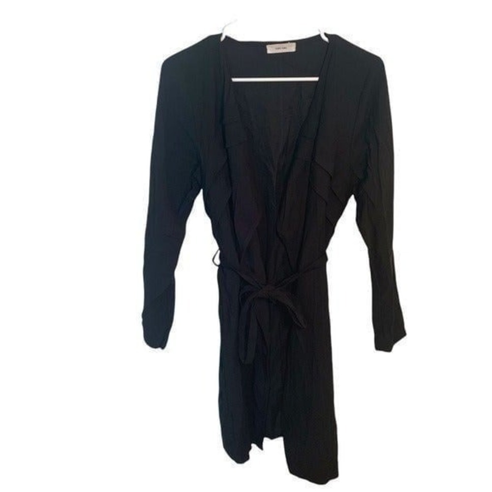 Tomo Toms Women's Wrap Dress Duster Long Sleeve Black Pleated Tie Belt Pockets
